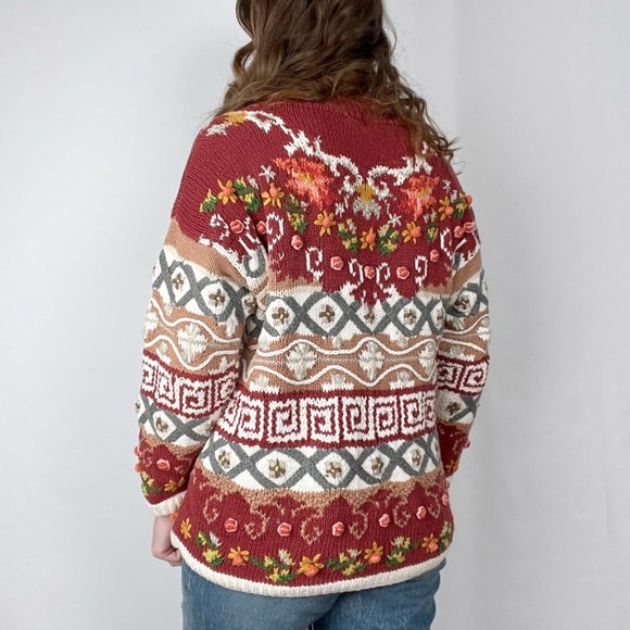 Vintage Cottagecore Hand Knit Crochet Embroidered Floral Sweater Grandma Cute - Picture 3 of 7